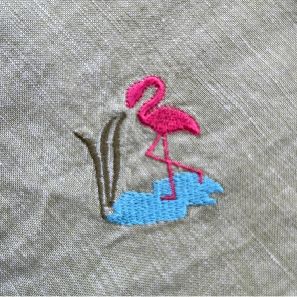 Hearts of Palm Green Linen Blend Shirt with Flamingos - Size 10 - Picture 5 of 11